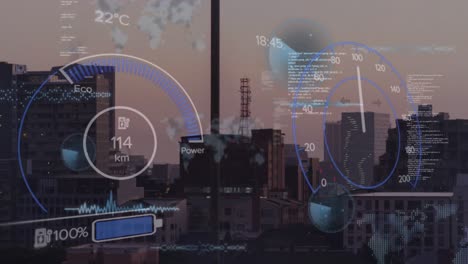 Animation-of-speedometer-interface-and-data-processing-against-aerial-view-of-cityscape