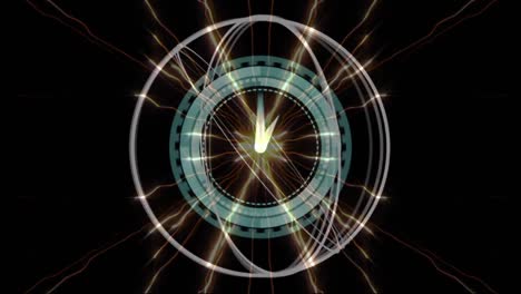 Animation-of-abstract-shapes-spinning-over-neon-ticking-clock-and-light-trails-on-black-background