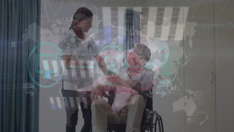 Animation-of-data-processing-against-biracial-female-doctor-talking-to-male-patient-in-wheelchair