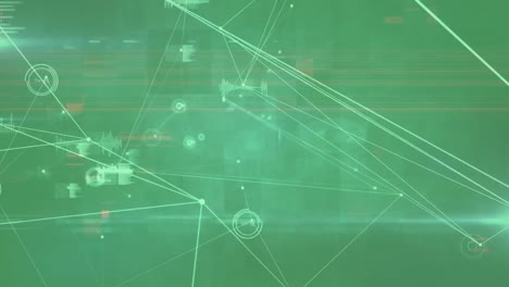 Animation-of-network-of-connections,-data-processing-and-light-trails-against-green-background