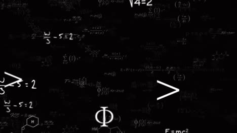 Animation-of-mathematical-equations,-formulas-and-symbols-floating-against-black-background
