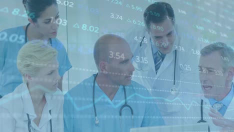 Animation-of-stock-market-data-processing-over-team-of-doctors-discussing-together-at-hospital