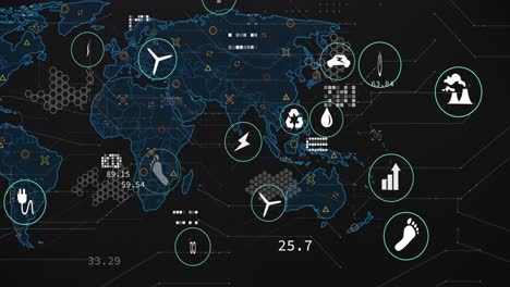 Animation-of-digital-icons-and-data-processing-over-world-map-against-black-background