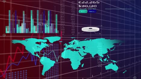 Animation-Der-Statistischen-Datenverarbeitung-über-Der-Weltkarte-Vor-Violettem-Hintergrund-Mit-Farbverlauf