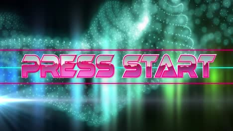 Animation-of-press-start-text-banner-and-digital-wave-against-colorful-light-trails