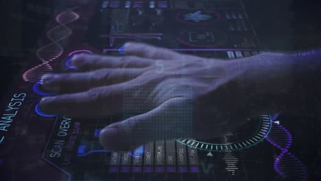 Animation-of-cyber-security-data-processing-over-human-hand-scanning-on-futuristic-screen