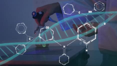 Animation-of-dna-and-chemical-structures-against-mid-section-of-male-scientist-working-at-laboratory