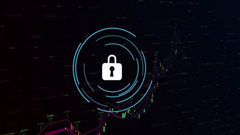 Animation-Des-Sicherheitsvorhängeschloss-Symbols-Und-Der-Finanzdatenverarbeitung-Vor-Schwarzem-Hintergrund