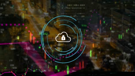 Animation-of-security-padlock-and-cloud-icon-over-financial-data-processing-against-night-cityscape