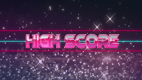 Animation-Eines-Highscore-Textbanners-über-Lichtflecken-Und-Leuchtenden-Sternen-Vor-Violettem-Hintergrund