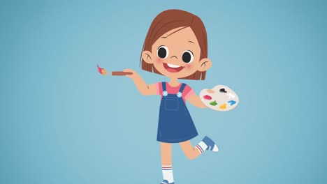 Animation-of-happy-schoolgirl-with-paints-over-blue-background