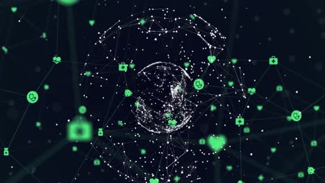 Animation-of-network-of-medical-icons-over-globe-of-network-of-connections-against-black-background