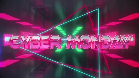 Animation-of-cyber-monday-text-banner-against-neon-tunnel-in-seamless-pattern