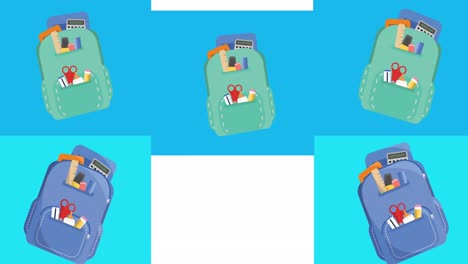 Animation-Mehrerer-Schultaschensymbole-Vor-Kopierraum-Auf-Weißem-Hintergrund