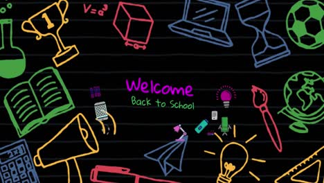 Animation-Von-Schulkonzeptsymbolen-Und-Textbanner-„Willkommen-Zurück-In-Der-Schule“-Vor-Schwarzem-Hintergrund