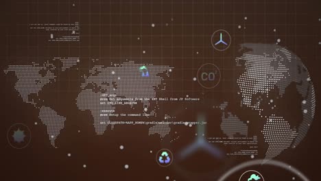 Animación-De-Múltiples-íconos-Digitales-Y-Procesamiento-De-Datos-Contra-El-Mapa-Mundial-Y-El-Globo-Giratorio