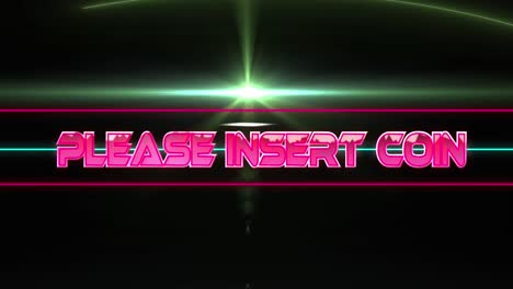 Animation-of-please-insert-coin-text-banner-over-green-light-spot-moving-against-black-background