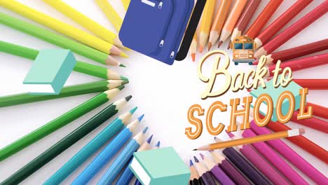 Animation-of-back-to-school-text-banner-and-school-bag-and-books-icons-against-colored-pencils