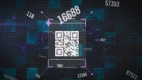 Animation-of-qr-code,-data-processing-over-squares