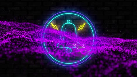 Animation-of-neon-notification-bell-icon-and-purple-digital-wave-against-brick-wall-background