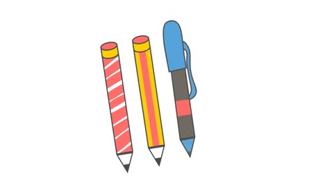 Animation-Von-Bleistift--Und-Kugelschreiber-Schulsymbolen-Auf-Weißem-Hintergrund