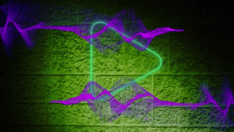 Animation-of-neon-green-play-button-icon-and-purple-digital-wave-against-brick-wall-background