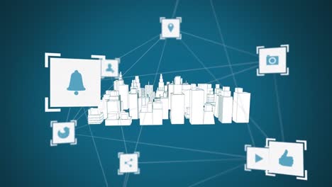 Animation-Eines-Netzwerks-Digitaler-Symbole-über-Einem-3D-Stadtmodell,-Das-Sich-Vor-Blauem-Hintergrund-Dreht