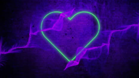 Animation-of-neon-green-heart-icon-and-purple-digital-waves-against-blue-brick-wall-background