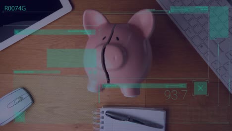 Animation-of-data-processing-against-piggy-bank-falling-and-breaking-on-wooden-surface