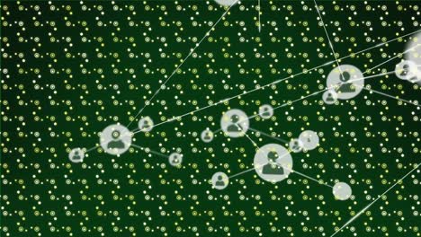 Animation-of-network-of-profile-icons-against-abstract-pattern-design-on-green-background
