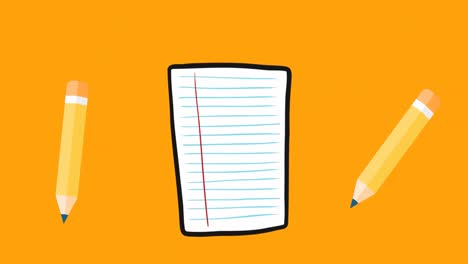 Animation-Von-Schulsymbolen-Für-Notizbücher-Und-Bleistifte-Auf-Orangefarbenem-Hintergrund