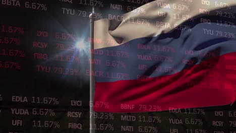 Animation-of-stock-market-data-processing-over-waving-russia-flag-and-light-spot-on-black-background