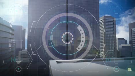 Animation-of-interface-with-round-scanner-and-data-processing-against-aerial-view-of-tall-buildings