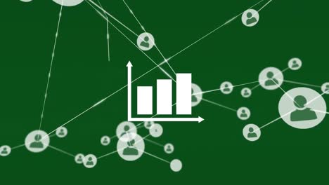 Animation-Eines-Netzwerks-Von-Profilsymbolen-über-Einem-Balkendiagrammsymbol-Vor-Grünem-Hintergrund