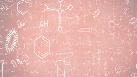 Animation-of-science-concept-icons-and-formulas-against-pink-gradient-background