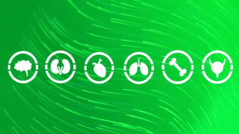 Animation-of-multiple-medical-icons-over-wavy-light-trails-against-green-gradient-background