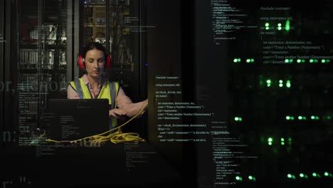 Animation-of-data-processing-over-caucasian-female-it-technician-and-computer-servers