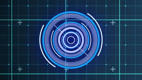 Animation-of-neon-round-scanner-spinning-over-grid-network-against-blue-background
