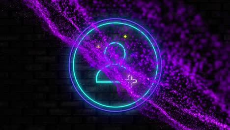 Animation-of-neon-blue-proflle-icon-and-purple-glowing-digital-wave-against-brick-wall-background