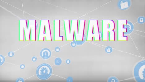 Animation-Von-Malware-Texten,-Netzwerk-Von-Verbindungen-Mit-Symbolen-Und-Datenverarbeitung