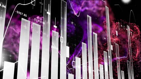Animation-of-statistical-data-processing-over-purple-digital-wave-against-black-background