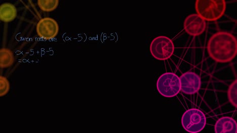 Animation-of-mathematical-equations-and-two-globes-of-medical-icons-spinning-on-black-background