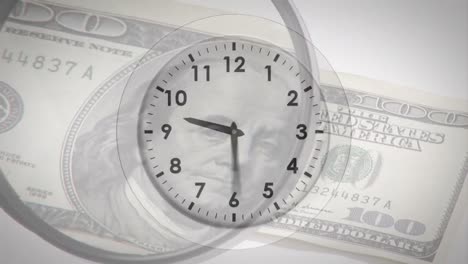 Animation-of-clock-ticking-and-magnifying-glass-over-american-dollar-currency-banknote