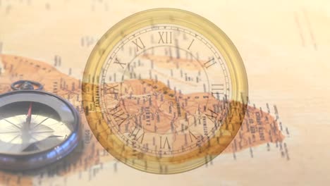 Animation-of-clock-ticking-over-compass-and-map