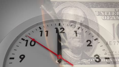 Animation-of-clock-ticking-over-burning-american-dollar-currency-banknote