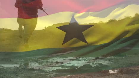 Animation-Der-Flagge-Ghanas-über-Verschiedenen-Soldaten