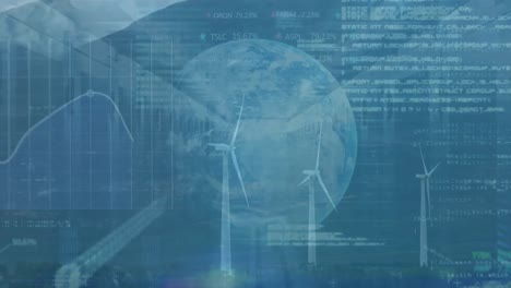 Animation-of-financial-data-processing-over-wind-turbines-and-globe
