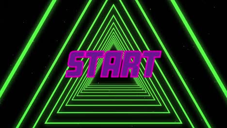 Animation-of-start-text-over-neon-triangles-on-black-background