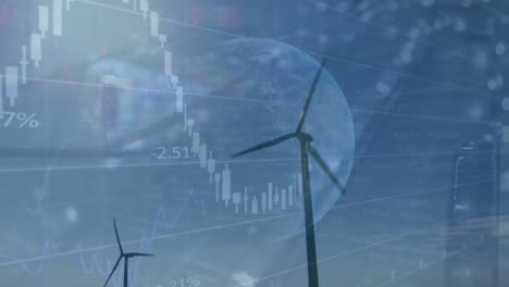 Animation-of-financial-data-processing-over-wind-turbine-and-globe