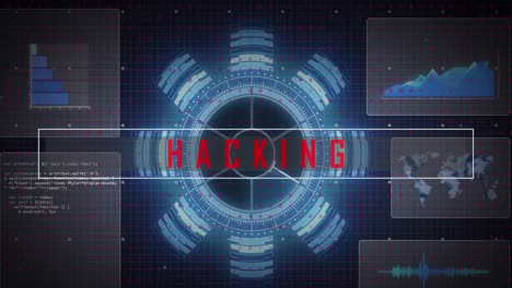 Animation-of-hacking-text,-scope-scanning-and-data-processing